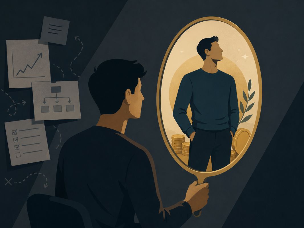 How to Attract Money Easily Through Self-Worth and Identity Man looking into a mirror and seeing a confident wealthy version of himself, symbolizing self-worth and how to attract money easily through identity shift