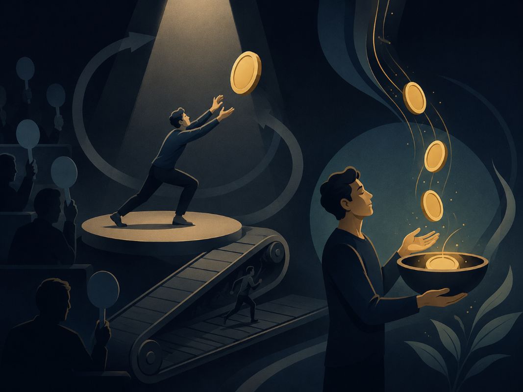 How to Attract Money Easily by Allowing Yourself to Receive Man shifting from chasing money under pressure to calmly receiving abundance, symbolizing self-worth and how to attract money easily