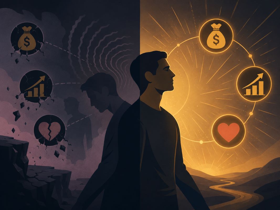 A split-style illustration showing a person shifting from doubt, lack, and old heartbreak into calm inner alignment with money, success, and love, symbolizing how to manifest anything you want fast.