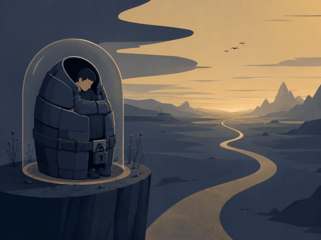 A person in a protective shell overlooking a vast open path, showing how to meditate properly when the mind tries to keep you safe but small.