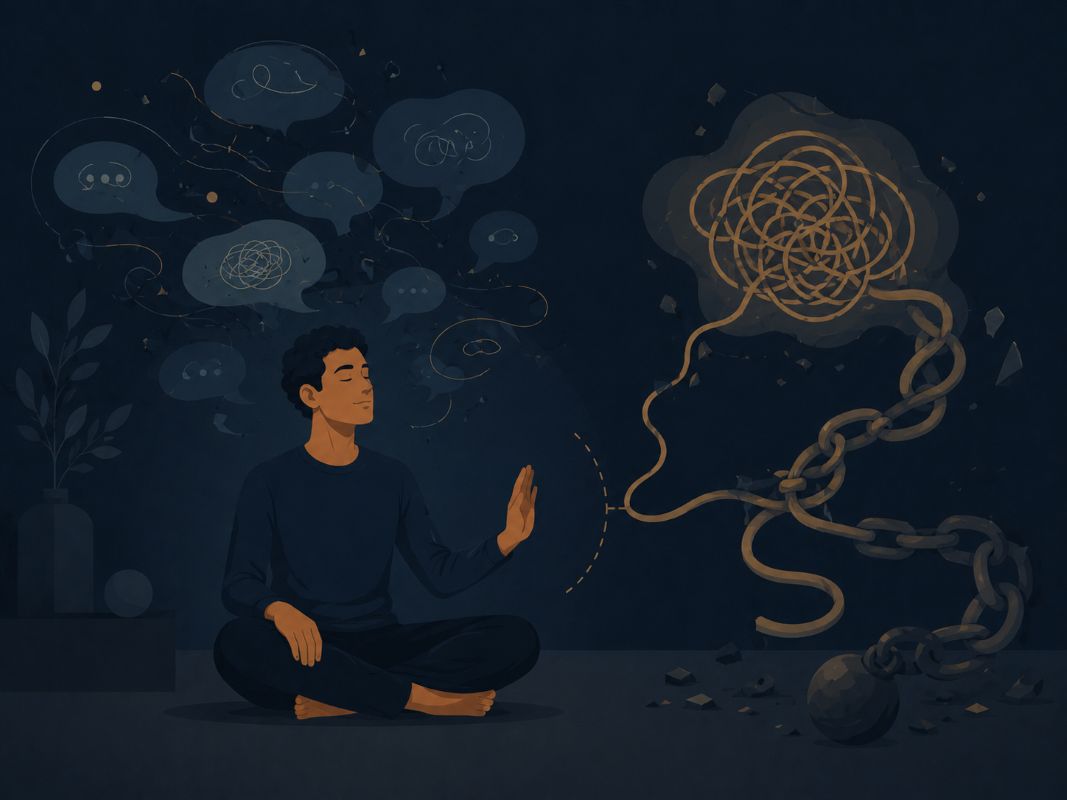 A calm person practicing how to meditate properly by pausing before attaching to heavy, tangled thoughts.