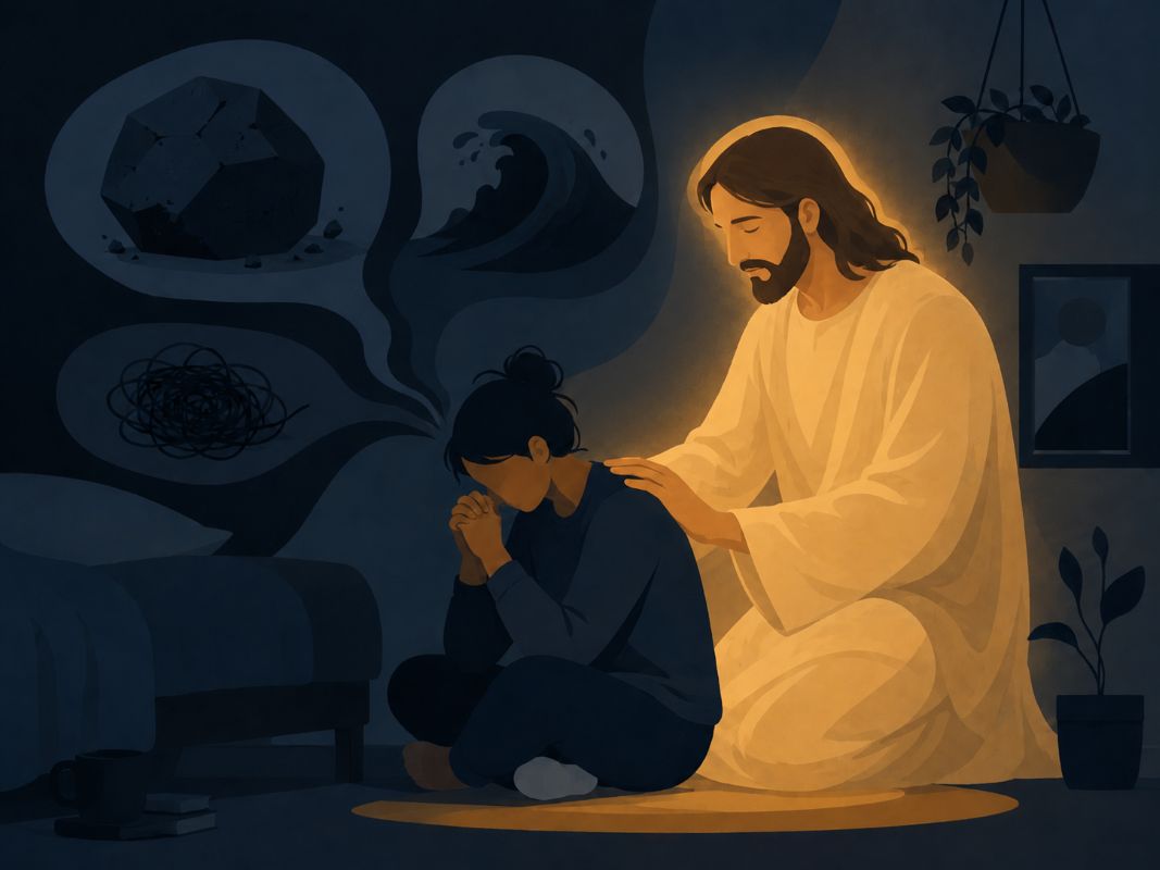 How to Pray to Get What You Want - Shifting from Fear to Faith A person praying in a dark room while Jesus comforts them, showing how to pray to get what you want by moving from lack into faith and connection.