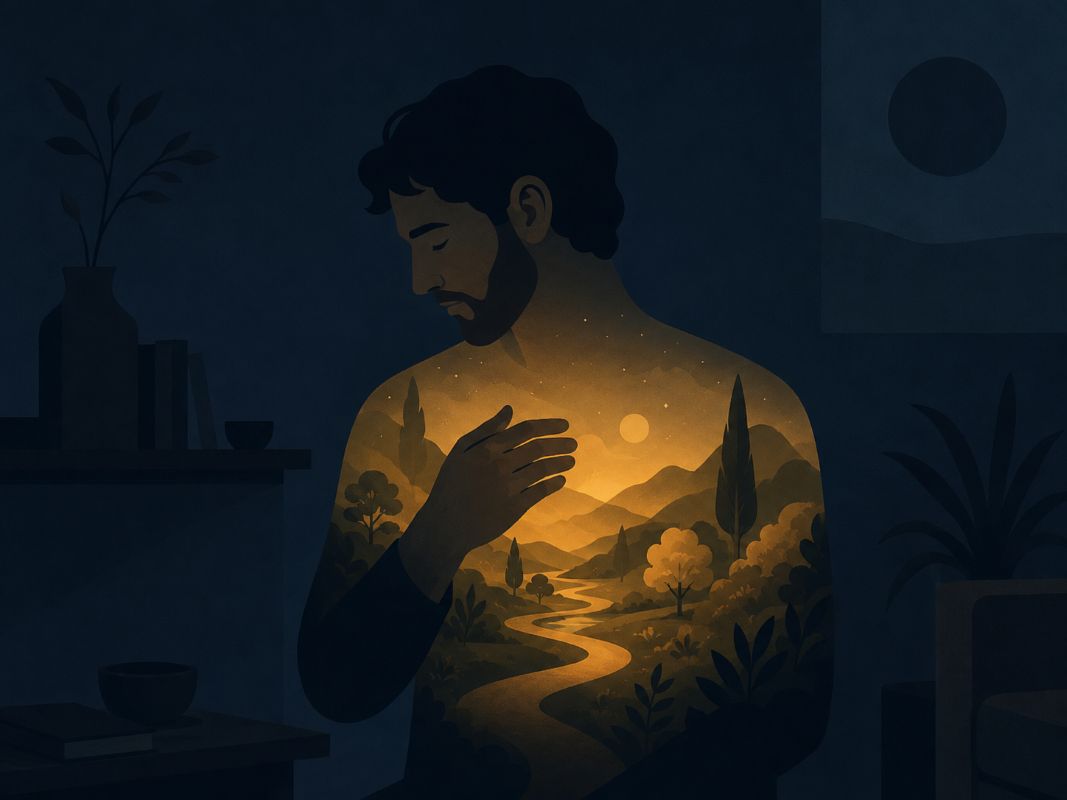 How to Pray to Get What You Want by Finding the Kingdom Within A contemplative man touches his chest as a glowing inner landscape appears within him, symbolizing how to pray to get what you want by connecting with the kingdom of God within.