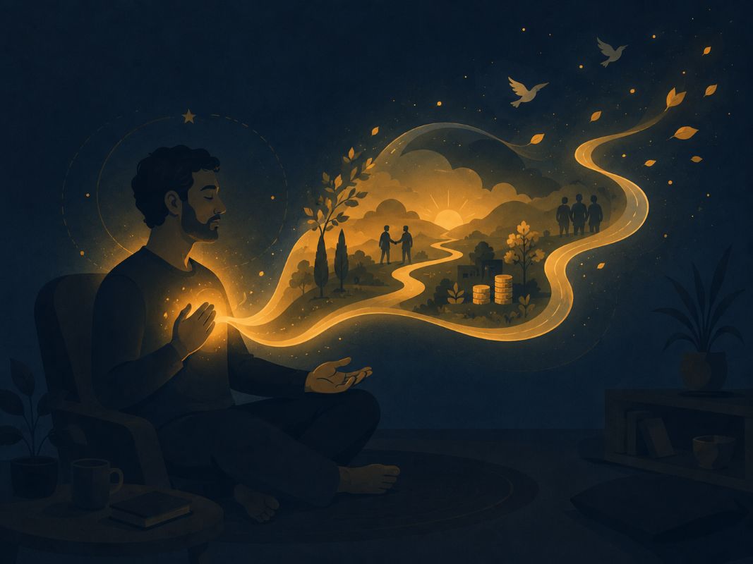 How to Pray to Get What You Want by Speaking It Into Existence A man prays with one hand on his heart as golden light flows into a vision of blessings, showing how to pray to get what you want by speaking from faith before it appears.