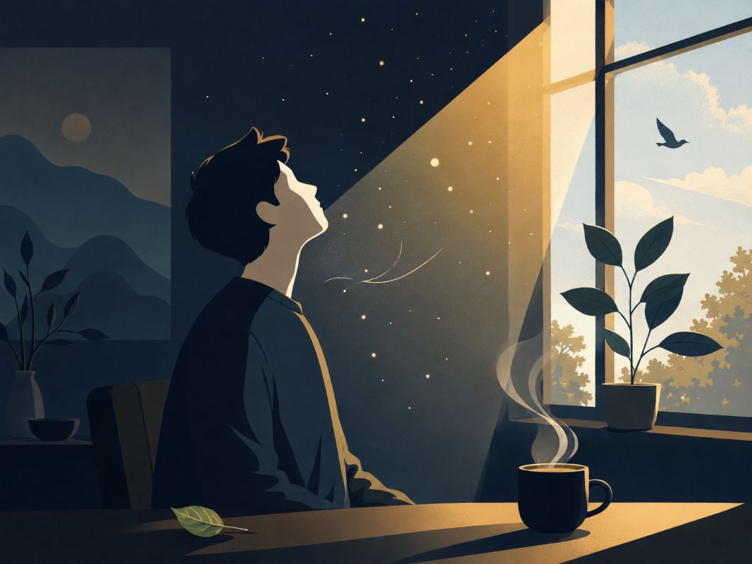Person sitting in quiet awe as sunlight fills the room, noticing ordinary miracles like a leaf, plant, bird, and morning light, symbolizing how to raise your vibration instantly.