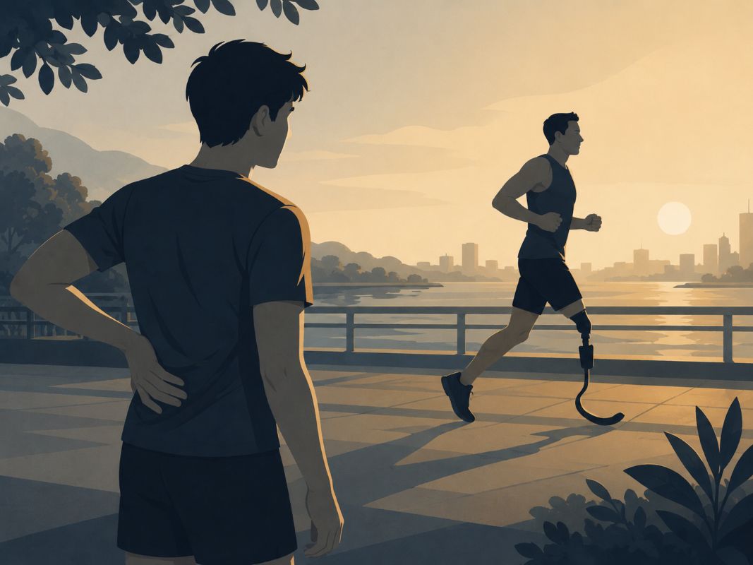 Person gains perspective watching an athlete with a prosthetic leg train, showing how to raise your vibration instantly through gratitude and resilience.