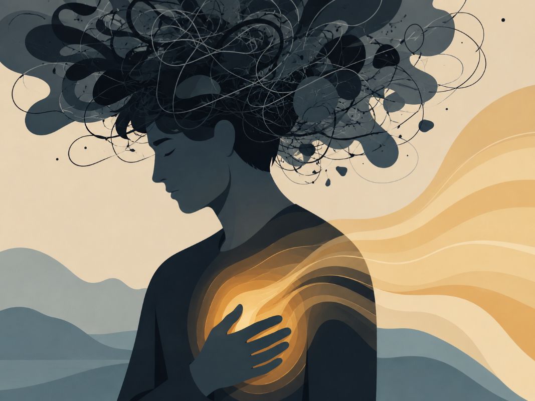 Person with tangled thoughts around the mind and warm inner light in the heart, symbolizing how to raise your vibration instantly by quieting mental noise.