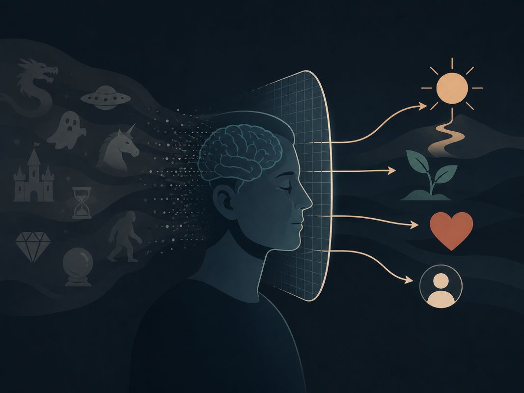 Instant Manifestation Begins in the Mind Illustration of the mind filtering beliefs before instant manifestation appears in reality, with positive outcomes passing through mental awareness.