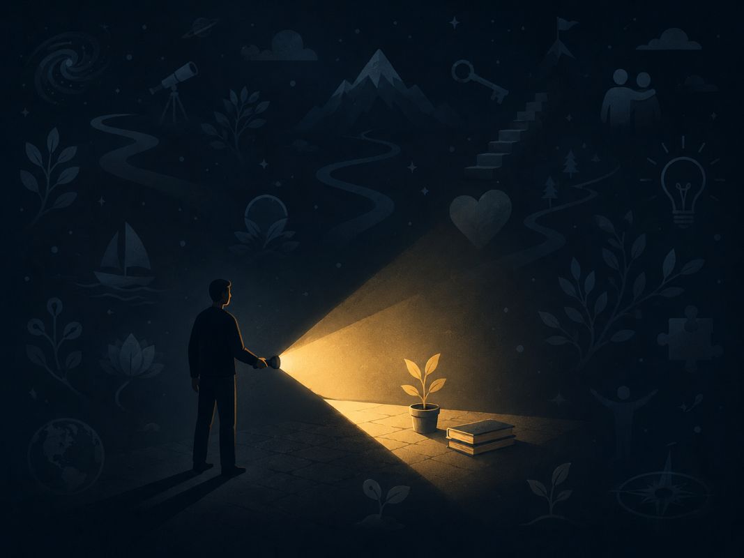 Instant Manifestation and the Hidden Possibilities Around You Person using a flashlight in a dark room filled with hidden possibilities, symbolizing instant manifestation and seeing beyond current reality.