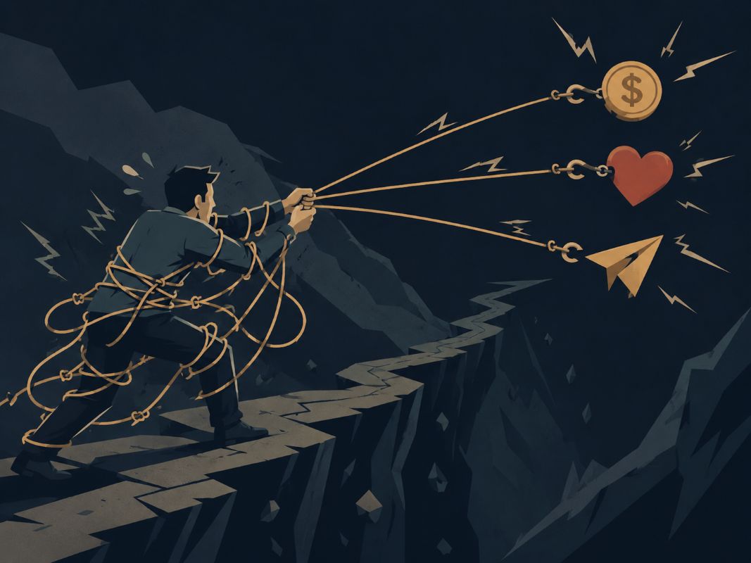 Law of Attraction Mistakes - Chasing Money, Love, and Opportunities From Stress Person tangled in ropes while chasing money, love, and opportunity, showing law of attraction mistakes caused by stress and lack.