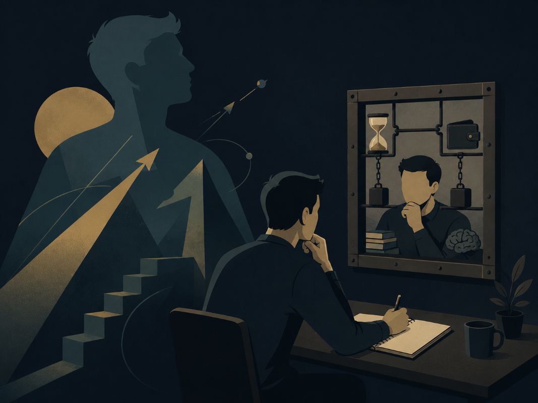 Law of Attraction Mistakes - Setting Goals From a Limited Self-Image Person looking in a mirror while setting goals, symbolizing law of attraction mistakes caused by limiting self-beliefs and fear-based thinking.
