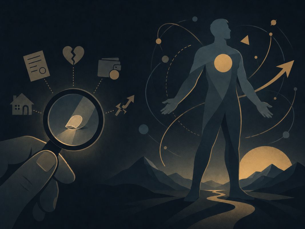 Law of Attraction Mistakes - You Are Not One Small Part of Your Past A person magnifying a tiny fingernail while a larger whole-self figure stands nearby, symbolizing law of attraction mistakes around identity and limiting beliefs.