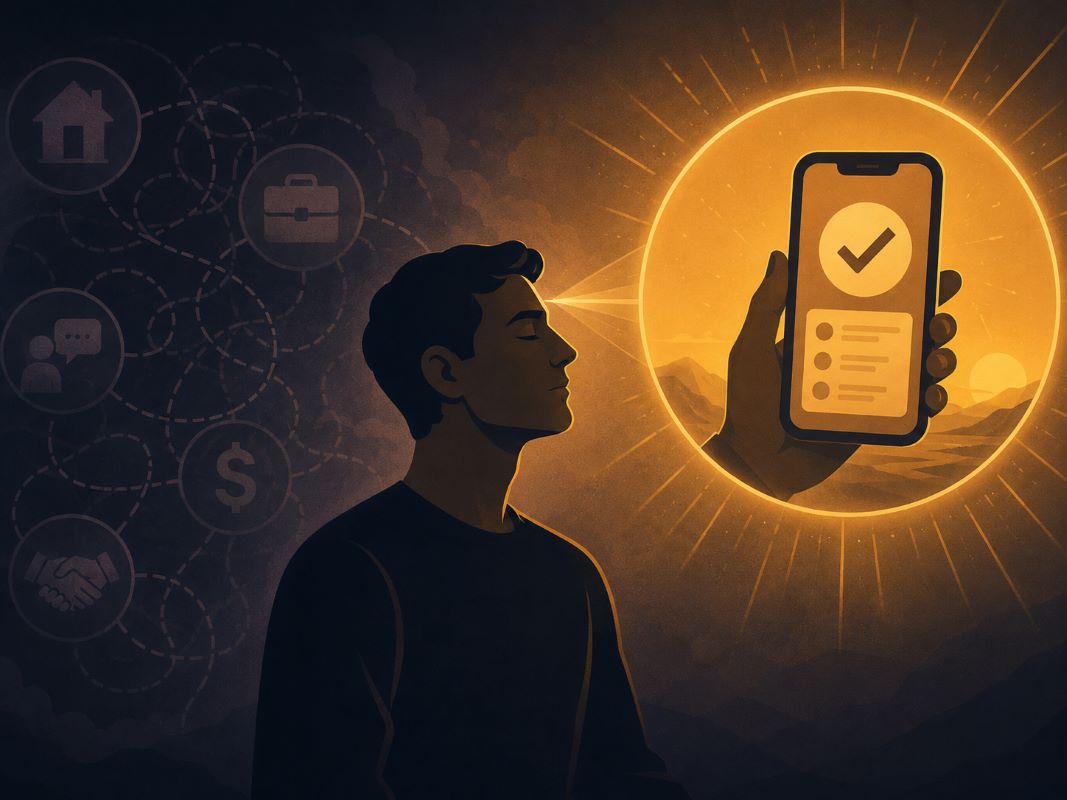 A calm person focuses on one clear proof scene, shown as a glowing phone confirmation, while scattered goals fade in the background, symbolizing how to manifest anything you want fast through clarity.