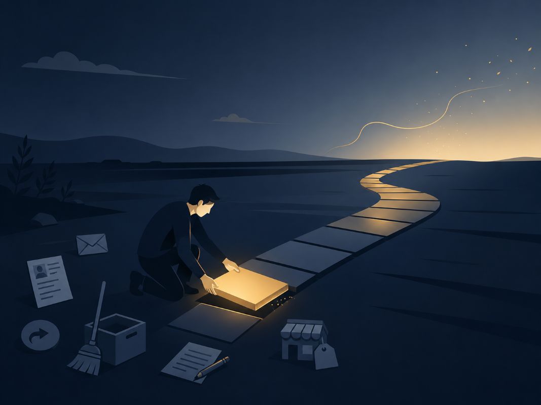 A calm person places one glowing tile into a path, symbolizing one small aligned action followed by trust and release.
