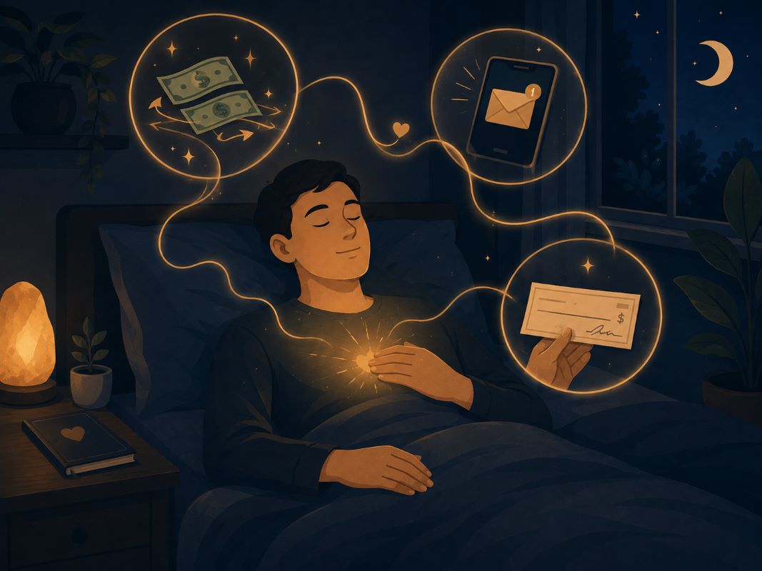Reprogram Subconscious Mind While Sleeping With a Money Mantra A peaceful person falls asleep with a golden glow over their heart, surrounded by money, messages, and a check visualization to reprogram subconscious mind while sleeping.