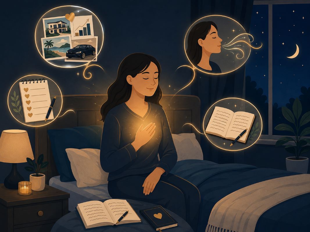 Reprogram Subconscious Mind While Sleeping With a Simple Bedtime Routine A calm woman sits in bed at night with a warm glow over her heart, surrounded by visual reminders of gratitude, prosperity images, journaling, and a bedtime mantra to reprogram subconscious mind while sleeping.