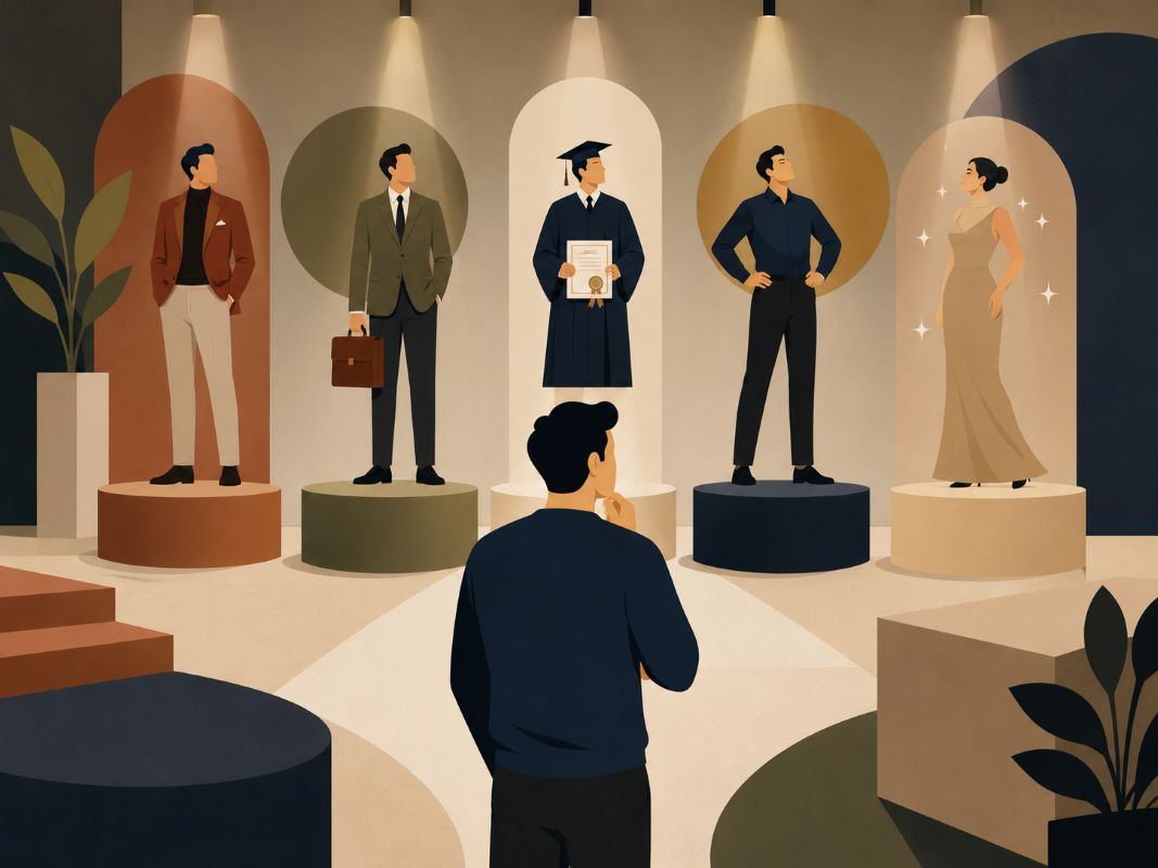 A flat vector illustration of a person looking at idealized versions of success, confidence, credentials, and appearance, symbolizing the hidden belief that worthiness must be earned before state of being manifestation can happen.