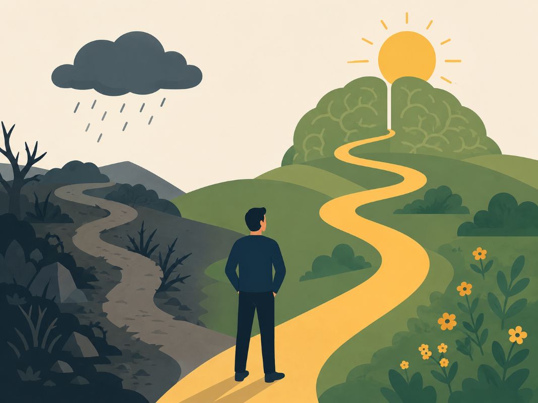 A flat vector illustration of a person standing before two paths, one dark and stormy and one bright and green, symbolizing how repeated thoughts and feelings shape your inner path through state of being manifestation.