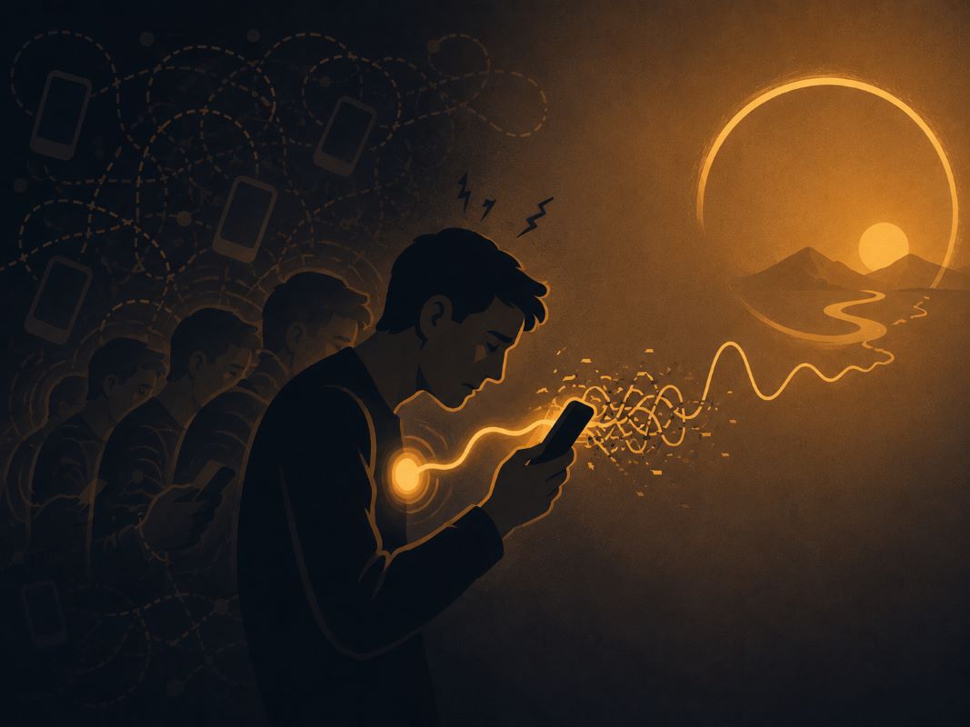 A hunched person anxiously checks their phone as a golden manifestation signal becomes tangled and disrupted, showing how chasing energy blocks your ability to manifest anything you want fast.