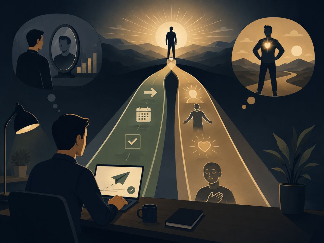 A flat vector illustration of a person sending an email while two glowing lanes stretch forward, showing the balance between daily action and inner emotional growth.
