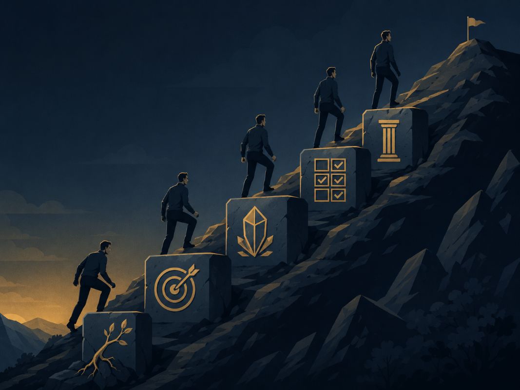 This or Something Better - Becoming the Person Your Goal Requires A person climbs symbolic steps of confidence, discipline, honesty, focus, and resilience toward a small goal, showing “this or something better.”