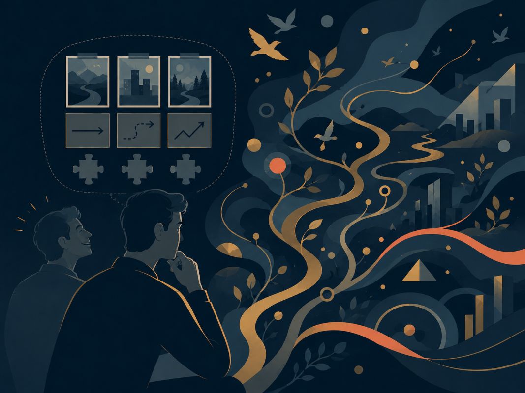 This or Something Better - Life Beyond the Mind’s Plan Person studying past patterns while wider life paths unfold beyond the mind, symbolizing “this or something better.”