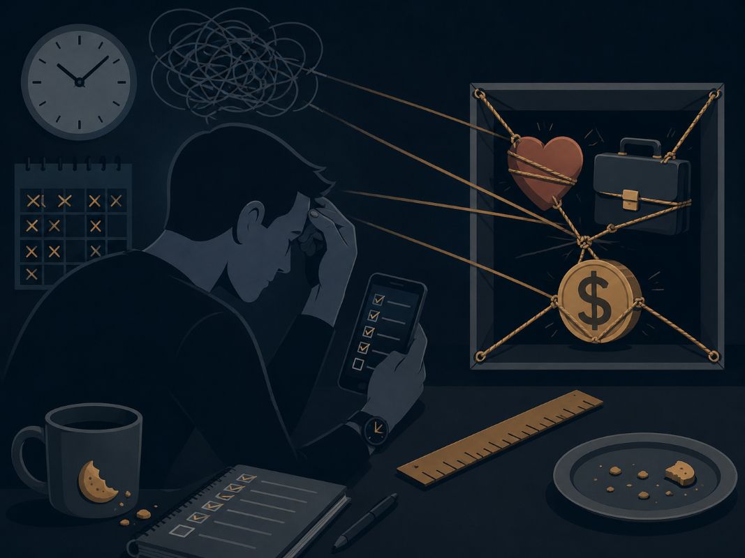 This or Something Better - Releasing Law of Attraction Pressure Person feeling pressure from rigid goals as love, money, and career are tied inside a box, showing “this or something better.”