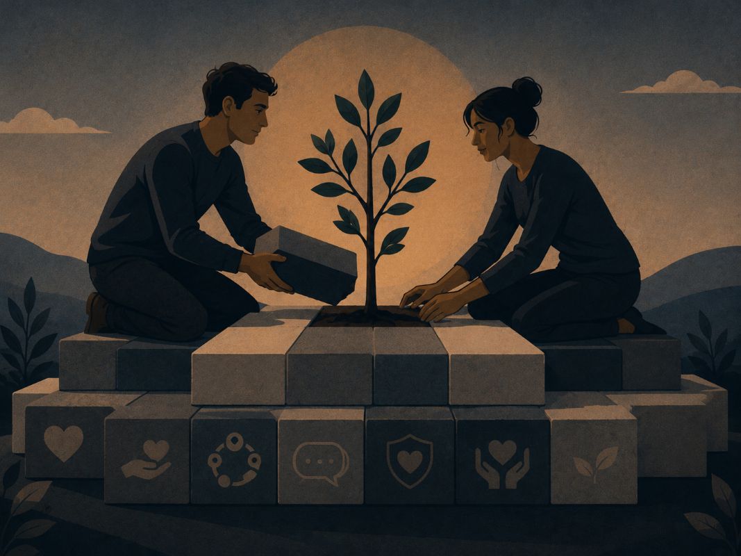 Why It’s Best to Stay Single Until Love Has a Real Foundation Couple building a foundation with a growing tree, showing healthy love and why it's best to stay single until relationships feel safe.