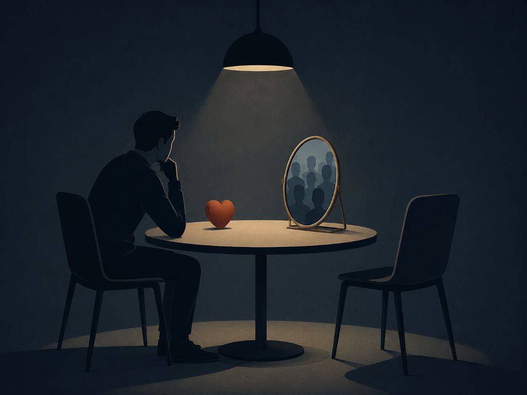 Why It’s Best to Stay Single and Discover What You Really Want A single person sits alone at a table choosing between love and validation, showing why it's best to stay single for self-reflection.