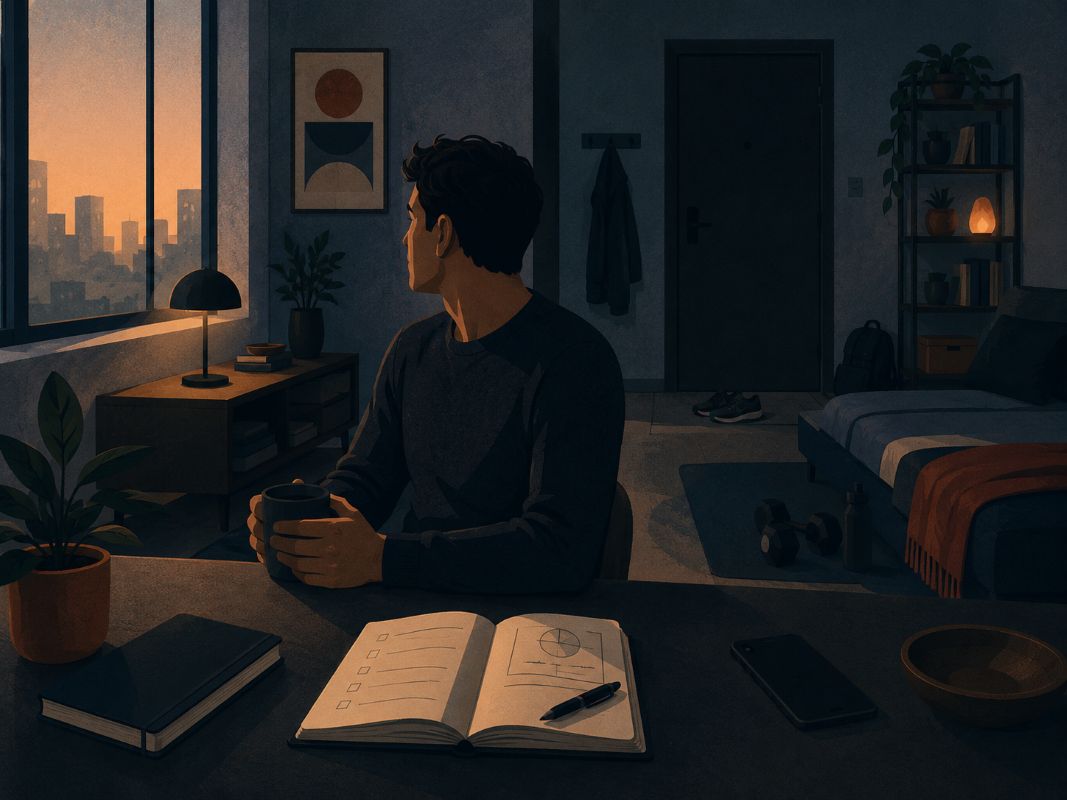 Why It’s Best to Stay Single and Rebuild Your Life Person reflecting alone in a peaceful apartment with a journal, phone, and gym gear, showing why it's best to stay single for self-growth.
