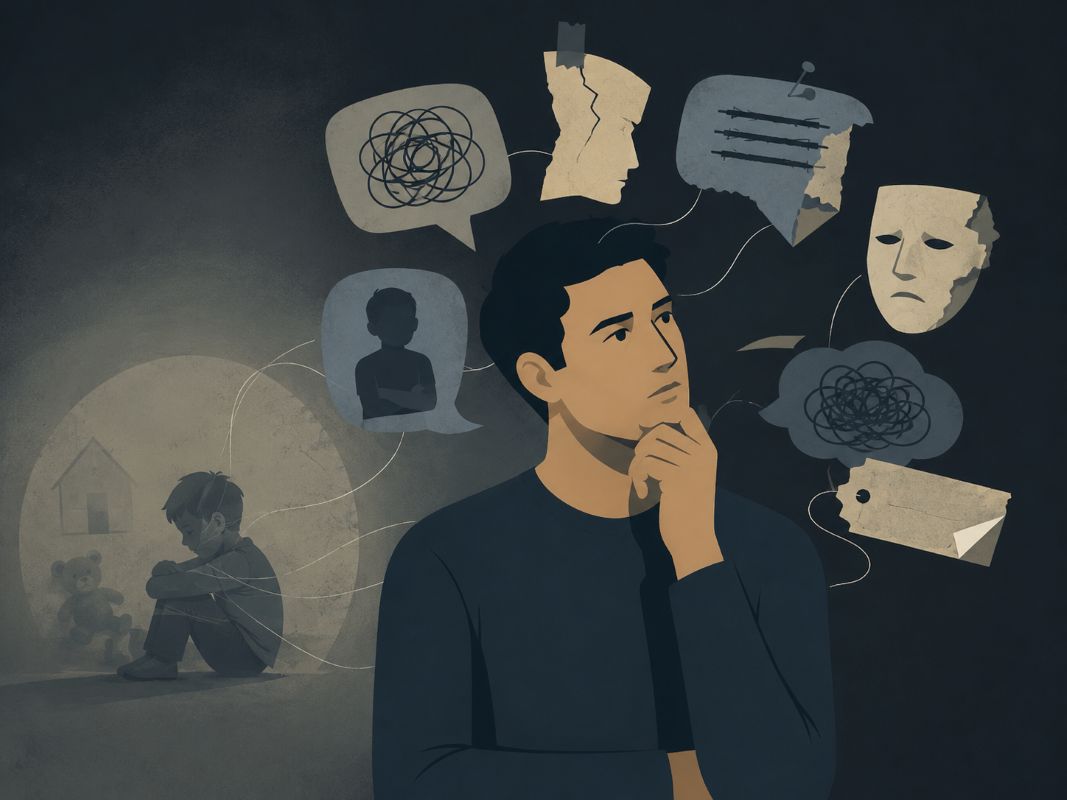 A contemplative man surrounded by negative thoughts and childhood memories, symbolizing old programming and the realization that you are a divine being.
