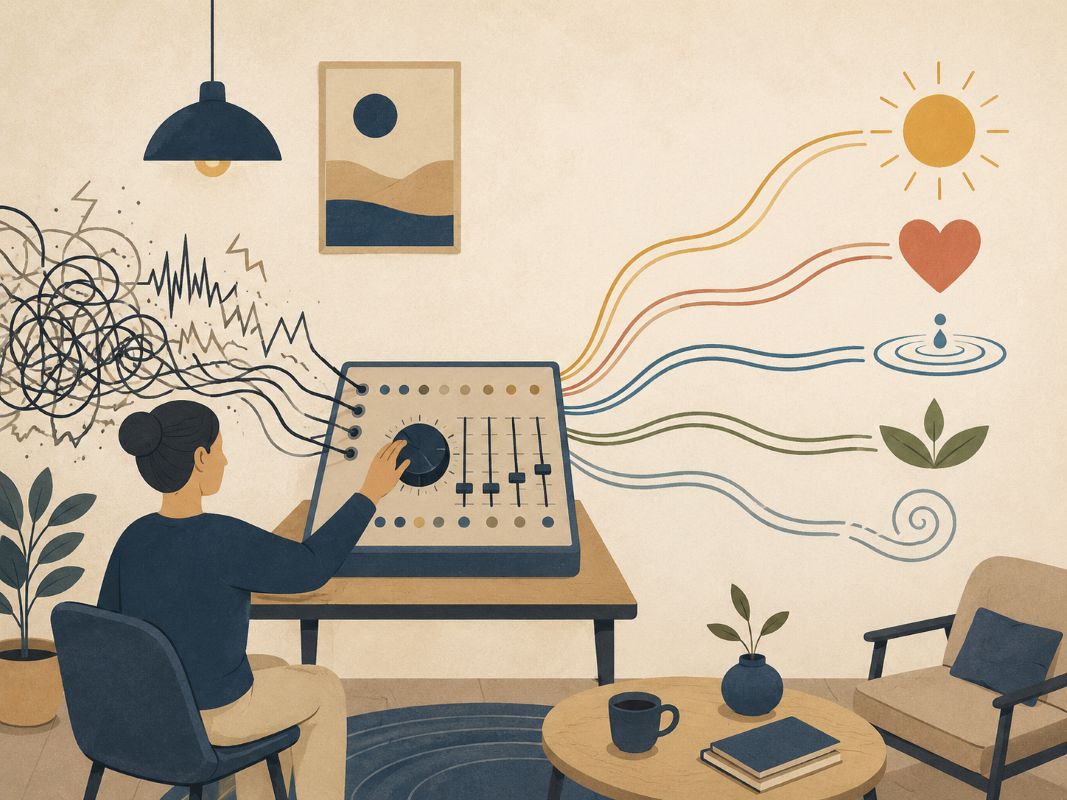 A person tuning a signal console from stress into joy, gratitude, calm, love, and relief, symbolizing that you are a divine being choosing a new emotional state.
